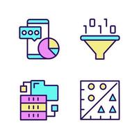 Data mining tools RGB color pixel perfect icons set. Techniques to extract and analyze information. Virtual researching. Isolated vector illustrations. Simple filled line drawings collection