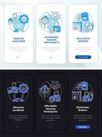 pantalla de la aplicación móvil de incorporación del modo día y noche de la agencia inmobiliaria. los clientes recorren las páginas de instrucciones gráficas de 3 pasos con conceptos lineales. interfaz de usuario, ux, plantilla de interfaz gráfica de usuario. innumerables fuentes pro-negrita y regulares utilizadas vector