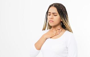 female Throat Pain. Closeup Of Sick black Woman With Sore Throat Feeling Bad, Suffering From Painful Swallowing. Girl Touching Neck With Hand. Illness, Health Care And Medicine Concepts photo