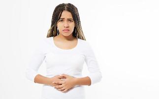 Woman Stomach Ache, Suffering Black Girl isolated, Period cramps, woman have stomach ache and pain photo