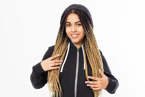 portrait of young afro american teenager girl wearing black hoody