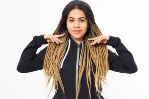 portrait of young afro american teenager girl wearing black hoody