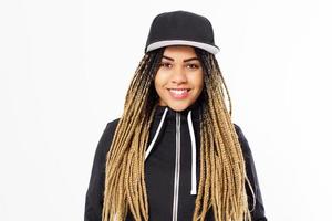 Portrait young happy afro american woman with dreadlocks hair and blank cap in hoodie - mockup photo