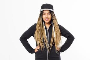 young happy afro american woman with dreadlocks hair and blank cap in hoodie - mock up photo