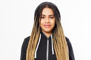 Portrait young afro american woman with dreadlocks hair in hoodie