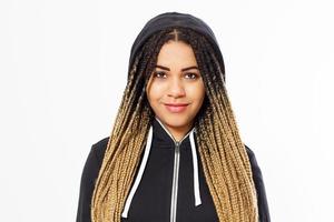 Portrait young afro american woman with dreadlocks hair in hoodie