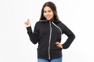 Happy Afro American Girl In Black Sweatshirt On White Background Isolated. Black Woman in hoodie mock up photo