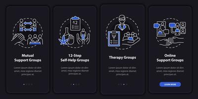 Health-related support groups night mode onboarding mobile app screen. Walkthrough 4 steps graphic instructions pages with linear concepts. UI, UX, GUI template. Myriad Pro-Bold, Regular fonts used vector