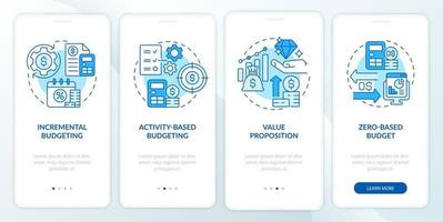 Budgeting types blue onboarding mobile app screen. Planning approaches walkthrough 4 steps graphic instructions pages with linear concepts. UI, UX, GUI template. Myriad Pro-Bold, Regular fonts used vector