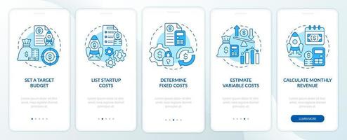 pantalla azul de aplicación móvil de incorporación de presupuesto de inicio. tutorial de proyección financiera páginas de instrucciones gráficas de 5 pasos con conceptos lineales. interfaz de usuario, ux, plantilla de interfaz gráfica de usuario. innumerables fuentes pro-negrita y regulares utilizadas vector