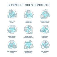 Business tools turquoise concept icons set. Time tracking idea thin line color illustrations. Proofing and review. Isolated outline drawings. Editable stroke. Roboto-Medium, Myriad Pro-Bold fonts used vector