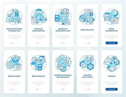 Financial business plan blue onboarding mobile app screen set. Walkthrough 5 steps graphic instructions pages with linear concepts. UI, UX, GUI template. Myriad Pro-Bold, Regular fonts used vector