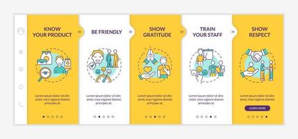 Customer service yellow onboarding template. Excellent client support. Responsive mobile website with linear concept icons. Web page walkthrough 5 step screens. Lato-Bold, Regular fonts used vector