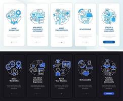 Customer service tips night and day mode onboarding mobile app screen. Walkthrough 5 steps graphic instructions pages with linear concepts. UI, UX, GUI template. Myriad Pro-Bold, Regular fonts used vector