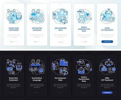 Customer assistance night and day mode onboarding mobile app screen. Walkthrough 5 steps graphic instructions pages with linear concepts. UI, UX, GUI template. Myriad Pro-Bold, Regular fonts used vector