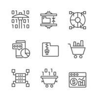 Data mining processes linear pixel perfect icons set. Machine learning. Analyze and storage data. Science and technology. Customizable thin line contour symbols. Isolated vector outline illustrations