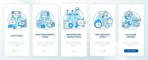 Essential business tools blue onboarding mobile app screen. Proofing walkthrough 5 steps graphic instructions pages with linear concepts. UI, UX, GUI template. Myriad Pro-Bold, Regular fonts used vector