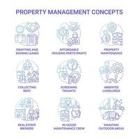 Property management blue gradient concept icons set. Real estate agency service idea thin line color illustrations. Isolated outline drawings. Roboto-Medium, Myriad Pro-Bold fonts used vector