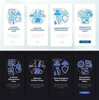 Maintenance night and day mode onboarding mobile app screen. Service walkthrough 4 steps graphic instructions pages with linear concepts. UI, UX, GUI template. Myriad Pro-Bold, Regular fonts used vector