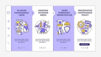 Maintenance, repairs and remodeling purple and white onboarding template. Responsive mobile website with linear concept icons. Web page walkthrough 4 step screens. Lato-Bold, Regular fonts used vector
