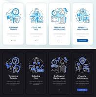 Property manager night and day mode onboarding mobile app screen. Works walkthrough 4 steps graphic instructions pages with linear concepts. UI, UX, GUI template. Myriad Pro-Bold, Regular fonts used vector