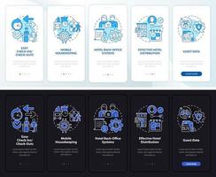 Hotels PMS night and day mode onboarding mobile app screen. Tech walkthrough 5 steps graphic instructions pages with linear concepts. UI, UX, GUI template. Myriad Pro-Bold, Regular fonts used vector