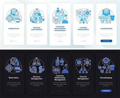 Modules of property night and day mode onboarding mobile app screen. Tech walkthrough 5 steps graphic instructions pages with linear concepts. UI, UX, GUI template. Myriad Pro-Bold, Regular fonts used vector