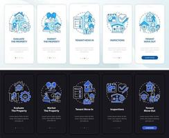 pantalla de aplicación móvil de incorporación de modo día y noche de operaciones inmobiliarias. tutorial de trabajo 5 pasos páginas de instrucciones gráficas con conceptos lineales. interfaz de usuario, ux, plantilla de interfaz gráfica de usuario. innumerables fuentes pro-negrita y regulares utilizadas vector
