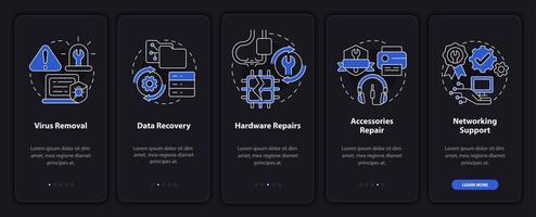 tipos de reparaciones pantalla de aplicación móvil de incorporación de modo nocturno. tutorial 5 pasos páginas de instrucciones gráficas con conceptos lineales. interfaz de usuario, ux, plantilla de interfaz gráfica de usuario. innumerables fuentes pro-negrita y regulares utilizadas vector