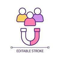 Engaging customers RGB color icon. People group and magnet. Marketing strategy and business development. Isolated vector illustration. Simple filled line drawing. Editable stroke. Arial font used