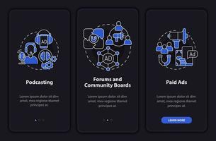 Digital marketing night mode onboarding mobile app screen. Advertise walkthrough 3 steps graphic instructions pages with linear concepts. UI, UX, GUI template. Myriad Pro-Bold, Regular fonts used vector