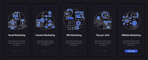 estrategias de marketing pantalla de aplicación móvil de incorporación de modo nocturno. tutorial de negocios 5 pasos páginas de instrucciones gráficas con conceptos lineales. interfaz de usuario, ux, plantilla de interfaz gráfica de usuario. innumerables fuentes pro-negrita y regulares utilizadas vector