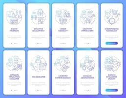 Coding concepts blue gradient onboarding mobile app screen set. Developer walkthrough 5 steps graphic instructions pages with linear concepts. UI, UX, GUI template. Myriad Pro-Bold, Regular fonts used vector