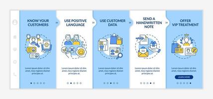 Customer support tips blue and white onboarding template. Be respectful. Responsive mobile website with linear concept icons. Web page walkthrough 5 step screens. Lato-Bold, Regular fonts used vector