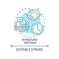 Scheduling meetings turquoise concept icon. Coordinate calendars abstract idea thin line illustration. Isolated outline drawing. Editable stroke. Roboto-Medium, Myriad Pro-Bold fonts used vector