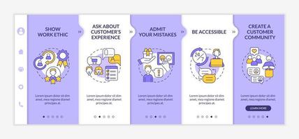 Customer service tips purple and white onboarding template. Good client support. Responsive mobile website with linear concept icons. Web page walkthrough 5 step screens. Lato-Bold, Regular fonts used vector