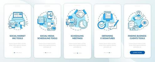 Business tools for entrepreneurs blue onboarding mobile app screen. Walkthrough 5 steps graphic instructions pages with linear concepts. UI, UX, GUI template. Myriad Pro-Bold, Regular fonts used vector