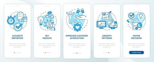 Business tools benefits blue onboarding mobile app screen. Growth pattern walkthrough 5 steps graphic instructions pages with linear concepts. UI, UX, GUI template. Myriad Pro-Bold, Regular fonts used vector