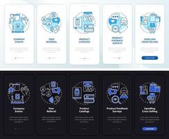 Customer touchpoints night and day mode onboarding mobile app screen. Walkthrough 5 steps graphic instructions pages with linear concepts. UI, UX, GUI template. Myriad Pro-Bold, Regular fonts used vector