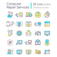 Computer maintenance RGB color icons set. Breakdowns repair. Hardware and software. Isolated vector illustrations. Simple filled line drawings collection. Editable stroke. Quicksand-Light font used