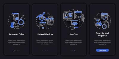 Landing page set night mode onboarding mobile app screen. Internet ads walkthrough 4 steps graphic instructions pages with linear concepts. UI, UX, GUI template. Myriad Pro-Bold, Regular fonts used vector