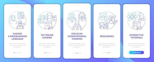 How to learn to code blue gradient onboarding mobile app screen. Study walkthrough 5 steps graphic instructions pages with linear concepts. UI, UX, GUI template. Myriad Pro-Bold, Regular fonts used vector