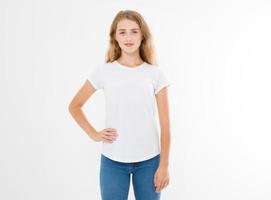 young caucasian, europian woman, girl in blank white t-shirt. t shirt design and people concept. Shirts front view isolated on white background. Mock up. Copy space. photo