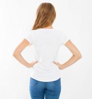 back view woman, girl in blank white t-shirt. t shirt design and people concept. Shirts front view isolated on white background, mock up, copy space photo