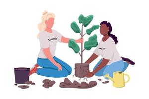 Women planting tree semi flat color vector characters