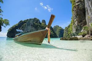 View of thai traditional longtail Boat over clear sea and sky in the sunny day, Phi phi Islands, Thailand photo