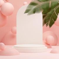 3D illustration rendering image of empty space mockup podium geometric shape and green nature themed for product display photo