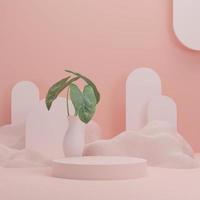 3D illustration rendering image of empty space mockup podium geometric shape and green nature themed for product display photo