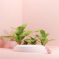 3D illustration rendering image of empty space mockup podium geometric shape and green nature themed for product display photo