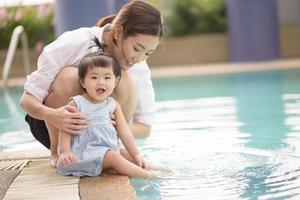 A Happy Asian mother and daughter are enjoy swimming in pool , lifestyle, parenthood, family concept photo